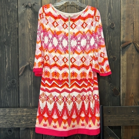 Eliza J Dress 8 Mini Shift Pink & Orange Pattern Aztec Boho Office Zipper Back - Picture 4 of 8